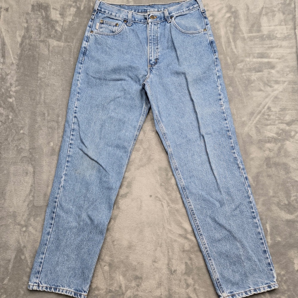 Carhartt Mens Size 34x31 Relaxed Fit Straight Leg Light Wash Denim Work Jeans
